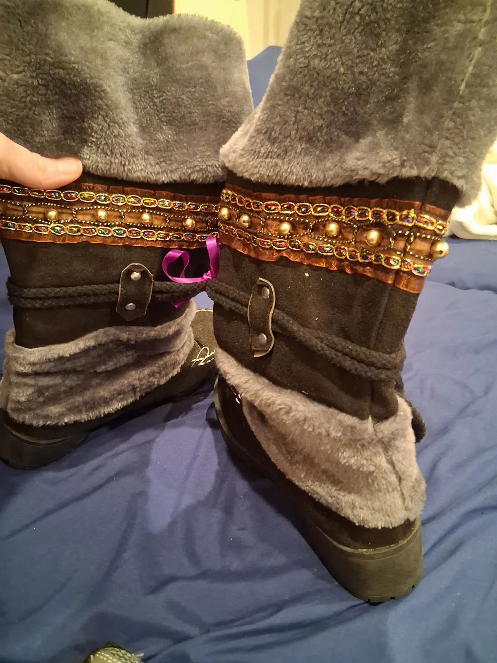 Embellished Faux-Fur Winter Boots - Brown and Gray